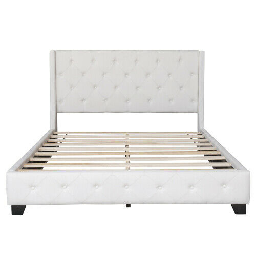 Diamond Queen Size Upholstered Bed Frames With Headboard Wooden Platform Bed Gray/Beige 5