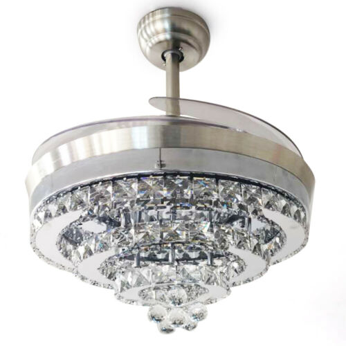 Contemporary 36" Crystal Ceiling Fan Light LED Remote Retractable Blade Chrome 5