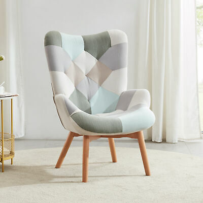 Multicolor Accent Chair / Rocking Chair Patchwork Linen Tufted W/ Wooden Legs