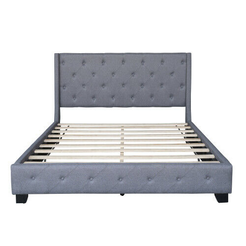 Diamond Queen Size Upholstered Bed Frames With Headboard Wooden Platform Bed Gray/Beige 9