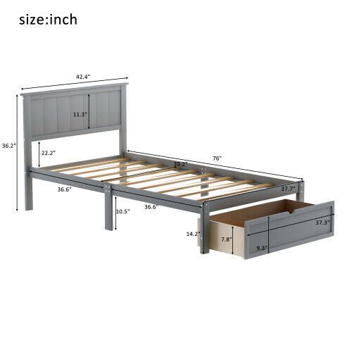 Twin/Full Size Platform Bed W/ Drawers Wood Bed Frame W/ Headboard and Footboard 4