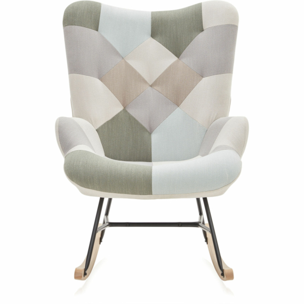 Multicolor Accent Chair / Rocking Chair Patchwork Linen Tufted W/ Wooden Legs 7