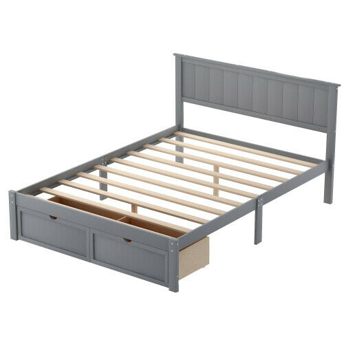 Twin/Full Size Platform Bed W/ Drawers Wood Bed Frame W/ Headboard and Footboard 10