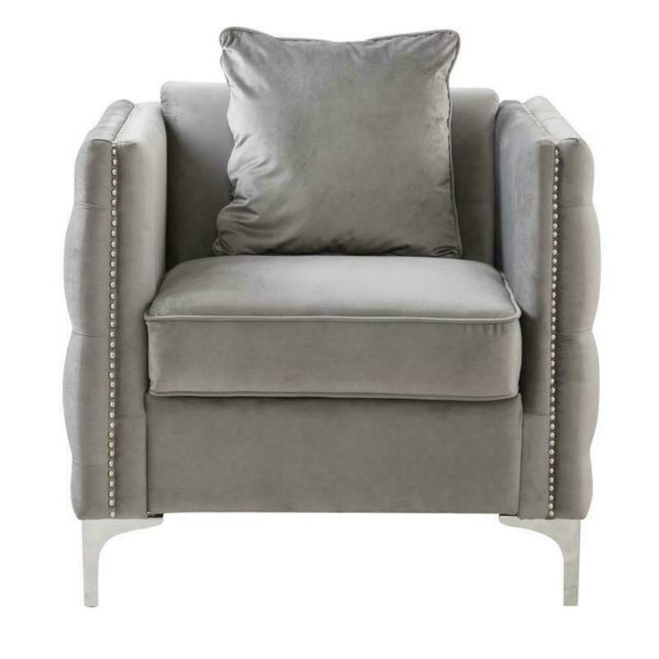Bayberry Gray Velvet Fabric Accent Arm Chair with Pillow 3