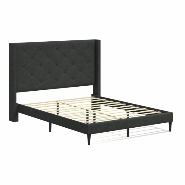 Huppe Upholstered Platform Bed Frame with Button Tufted MCM Wingback Headboard 3