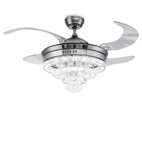 Contemporary 36" Crystal Ceiling Fan Light LED Remote Retractable Blade Chrome 3