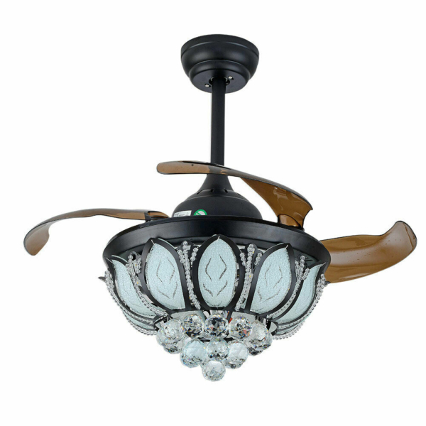 Ceiling Fan 36" Black Crystal Chandelier Led Light Remote Retractable Blades LED 7