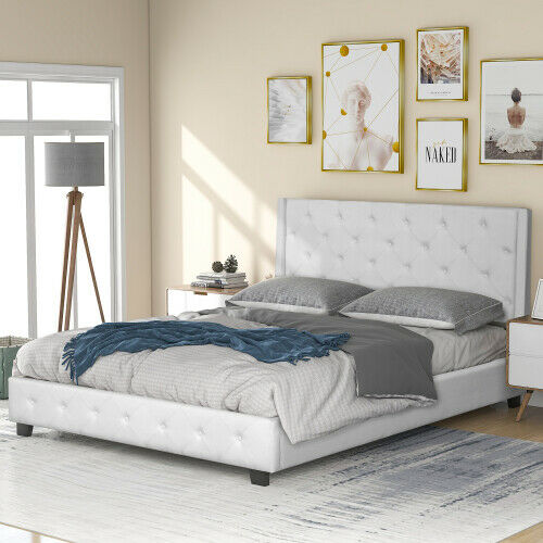 Diamond Queen Size Upholstered Bed Frames With Headboard Wooden Platform Bed Gray/Beige 2