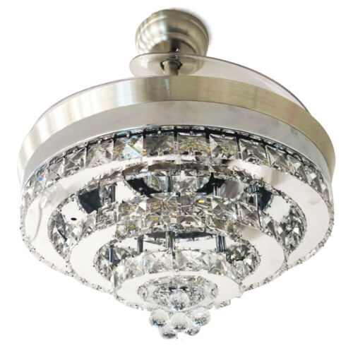 Contemporary 36" Crystal Ceiling Fan Light LED Remote Retractable Blade Chrome 6