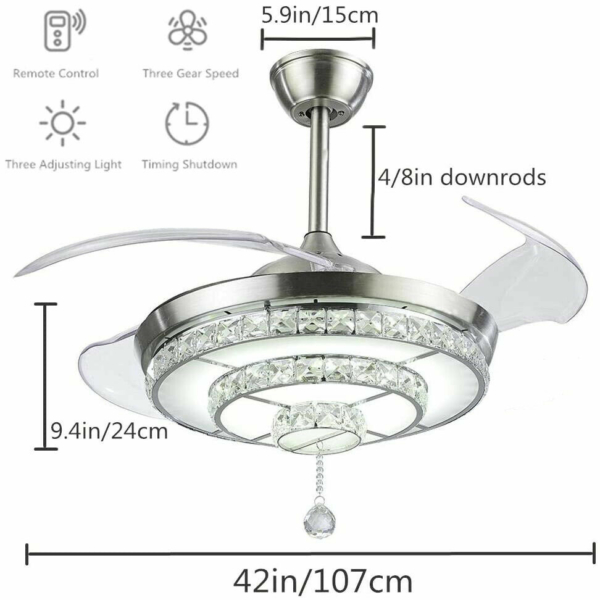 42" Crystal Retractable Ceiling Fan Light With Remote Control 12