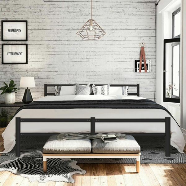 Bed Frame Foldig Bed w/ Headboard Metal Platform Steel Slat Bedroom King Size