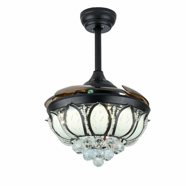 Ceiling Fan 36" Black Crystal Chandelier Led Light Remote Retractable Blades LED 6