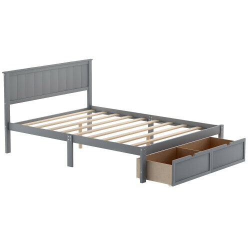 Twin/Full Size Platform Bed W/ Drawers Wood Bed Frame W/ Headboard and Footboard 9