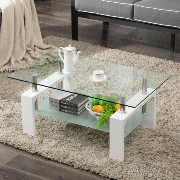 White Modern Side Coffee Table Glass Top Living Room Furniture Rectangle Shelf 2