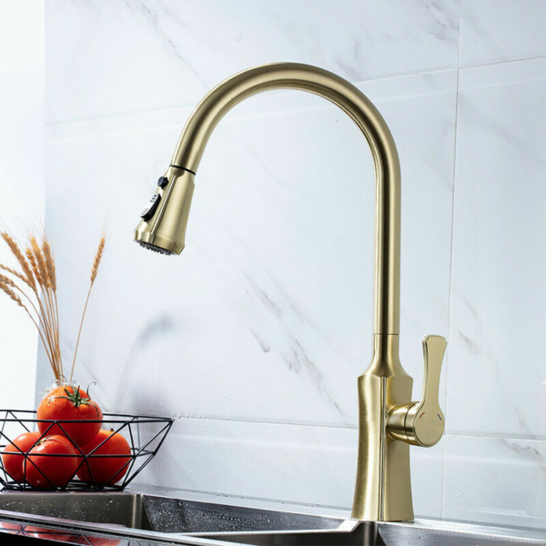 Brushed Gold Brass Kitchen Faucet Mixer Pull Out Two Function Deck Mount
