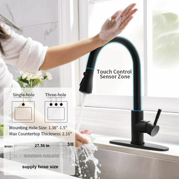 Sensor Touch Kitchen Sink Faucet Pull Down Sprayer Swivel Matte Black with Cover 2