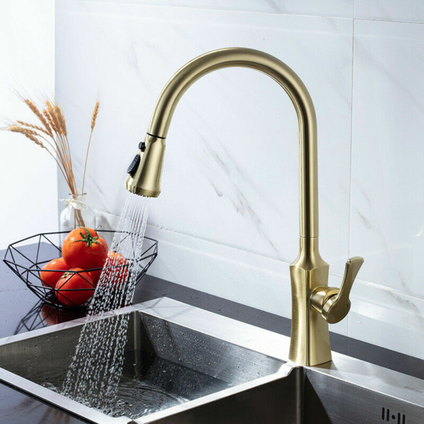 Brushed Gold Brass Kitchen Faucet Mixer Pull Out Two Function Deck Mount 2