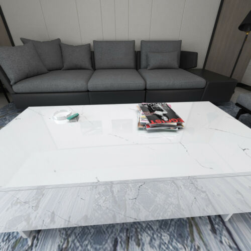 Modern White High Gloss Coffee Table Rectangle Marble Print Living RoomFurniture 8