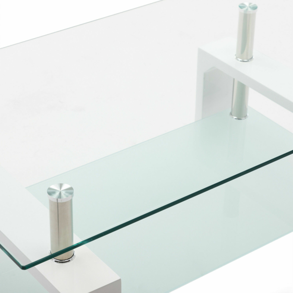White Modern Side Coffee Table Glass Top Living Room Furniture Rectangle Shelf 11