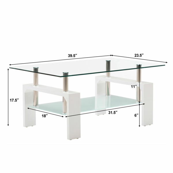 White Modern Side Coffee Table Glass Top Living Room Furniture Rectangle Shelf 7