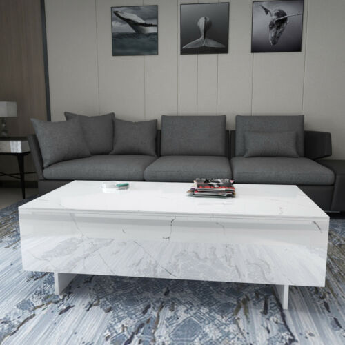 Modern White High Gloss Coffee Table Rectangle Marble Print Living RoomFurniture 7