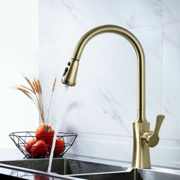 Brushed Gold Brass Kitchen Faucet Mixer Pull Out Two Function Deck Mount 3