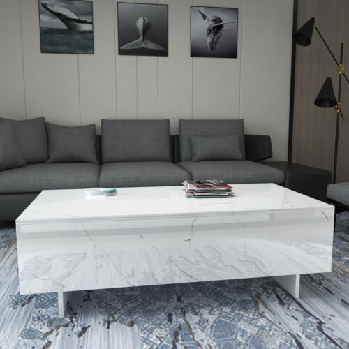 Modern White High Gloss Coffee Table Rectangle Marble Print Living RoomFurniture 6