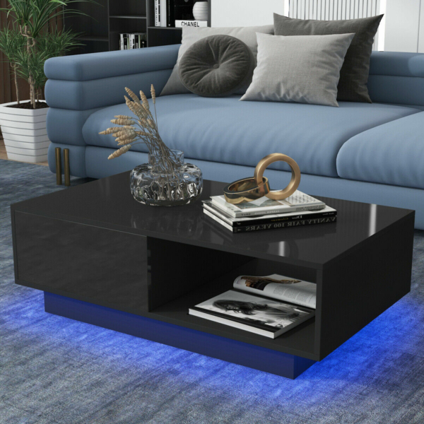 WoodyHome High Gloss LED Coffee Table with 2 Drawers Storage Black 3