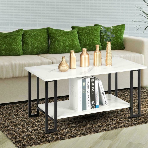 Marble Print Coffee Table 2-Tier Rectangular Cocktail Tea Table Accent Furniture 1