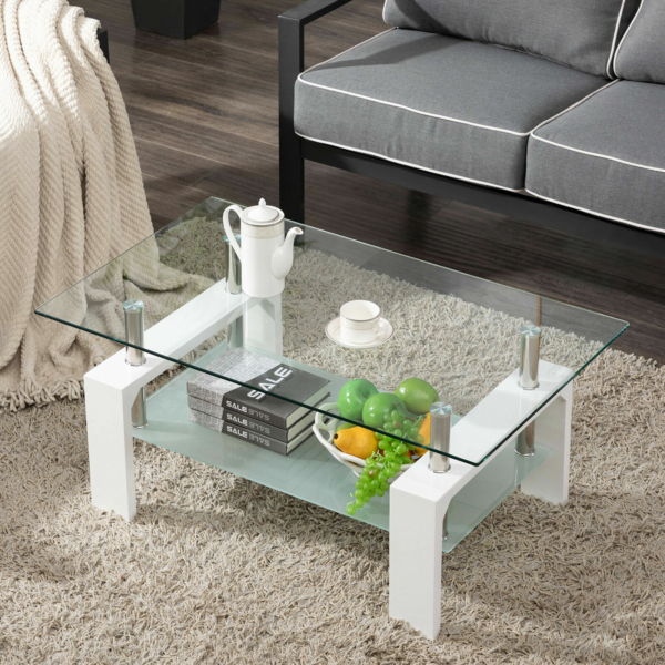 White Modern Side Coffee Table Glass Top Living Room Furniture Rectangle Shelf 4