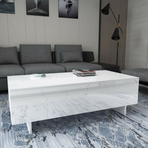 Modern White High Gloss Coffee Table Rectangle Marble Print Living RoomFurniture