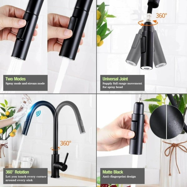 Automatic Touch Sensor Swivel Kitchen Faucet with Pull down Sprayer Matte Black 5