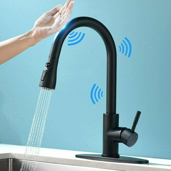 Sensor Touch Kitchen Sink Faucet Pull Down Sprayer Swivel Matte Black with Cover 1