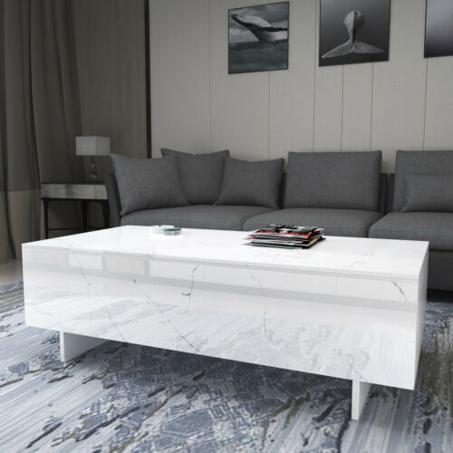 Modern White High Gloss Coffee Table Rectangle Marble Print Living RoomFurniture 1