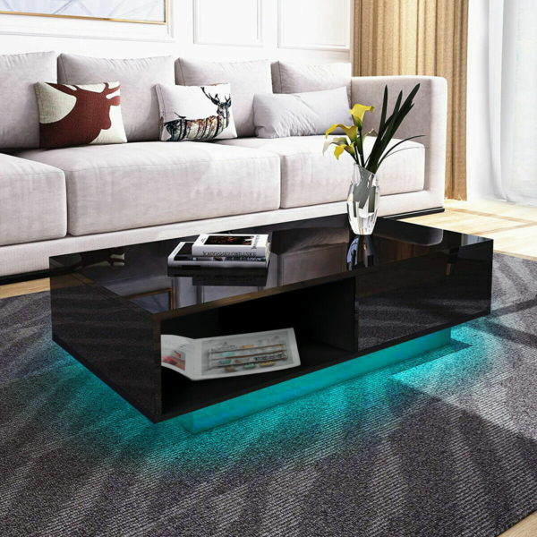 WoodyHome High Gloss LED Coffee Table with 2 Drawers Storage Black 1
