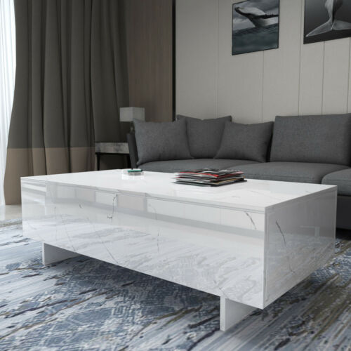 Modern White High Gloss Coffee Table Rectangle Marble Print Living RoomFurniture 4
