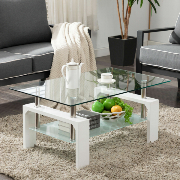 White Modern Side Coffee Table Glass Top Living Room Furniture Rectangle Shelf