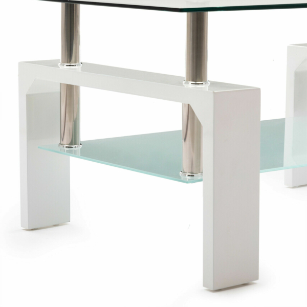 White Modern Side Coffee Table Glass Top Living Room Furniture Rectangle Shelf 12