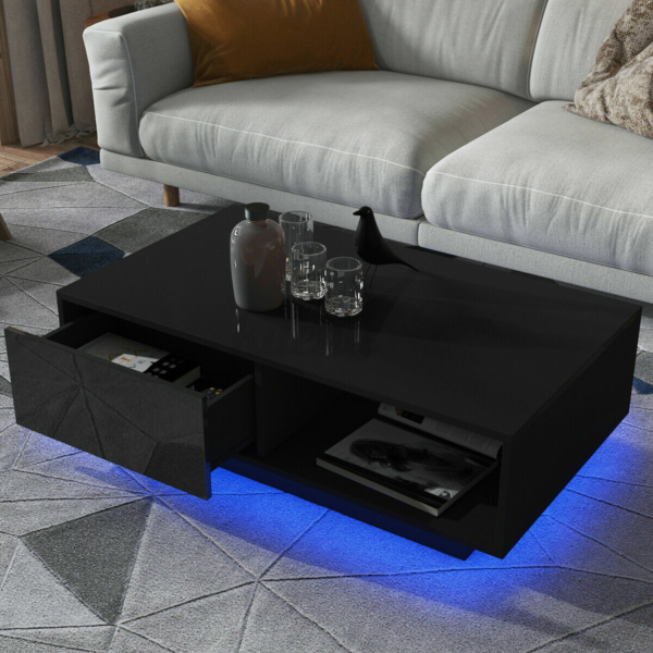 WoodyHome High Gloss LED Coffee Table with 2 Drawers Storage Black 2