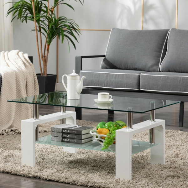 White Modern Side Coffee Table Glass Top Living Room Furniture Rectangle Shelf 5