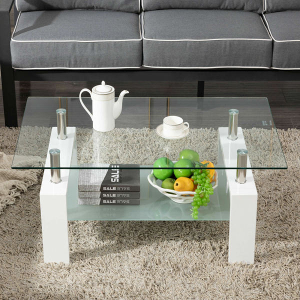 White Modern Side Coffee Table Glass Top Living Room Furniture Rectangle Shelf 3