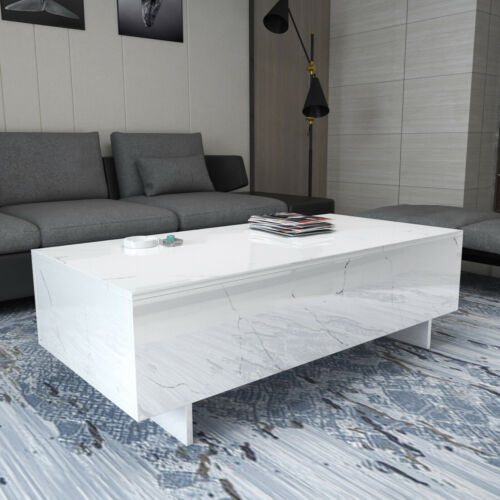Modern White High Gloss Coffee Table Rectangle Marble Print Living RoomFurniture 5