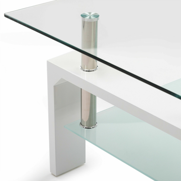 White Modern Side Coffee Table Glass Top Living Room Furniture Rectangle Shelf 9