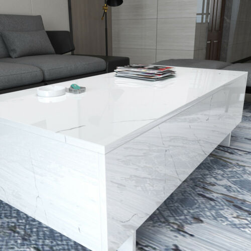 Modern White High Gloss Coffee Table Rectangle Marble Print Living RoomFurniture 9