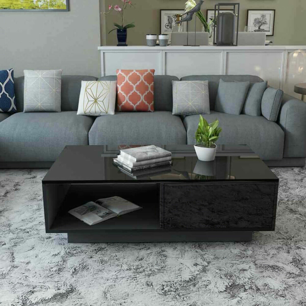 WoodyHome High Gloss LED Coffee Table with 2 Drawers Storage Black 4