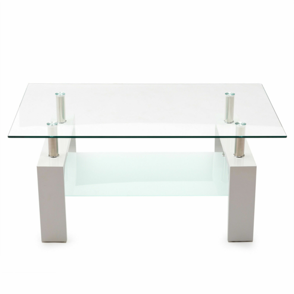 White Modern Side Coffee Table Glass Top Living Room Furniture Rectangle Shelf 8