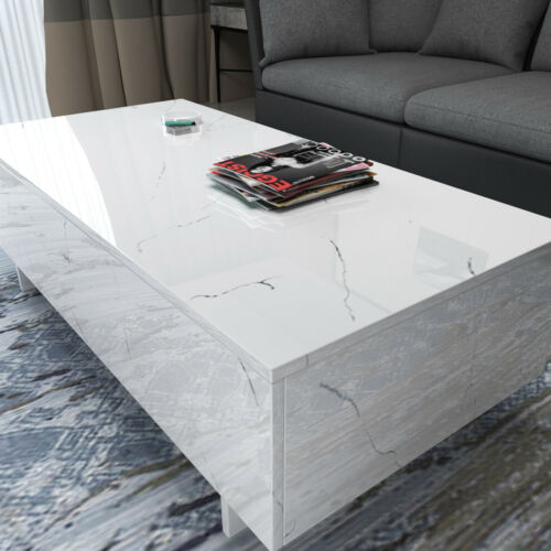 Modern White High Gloss Coffee Table Rectangle Marble Print Living RoomFurniture 10
