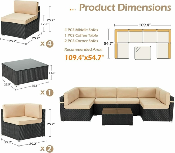 Aecojoy 7 Piece Patio Rattan Sofa Set Outdoor Wicker Sectional Furniture w/ Table 2