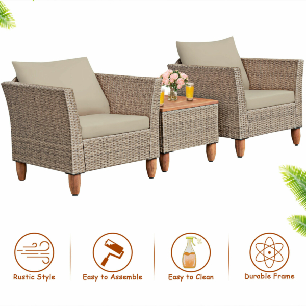 3 Piece Outdoor Patio Rattan Bistro Furniture Set Wooden Table Top Cushioned Sofa 6