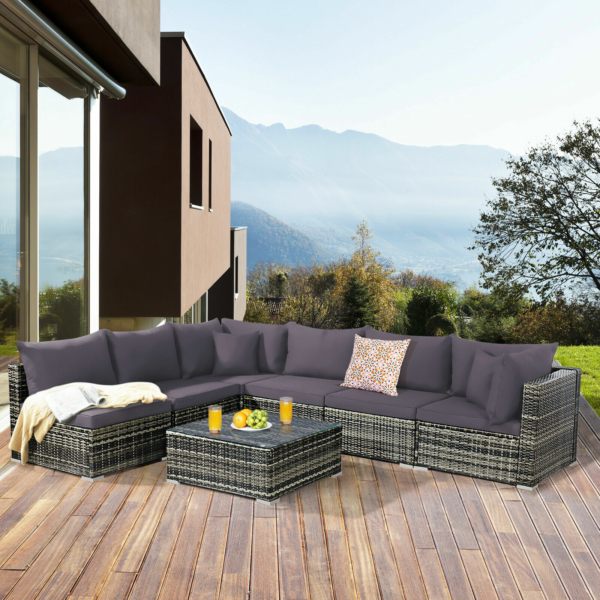 Patiojoy Patio 7PCS Rattan Furniture Set Sectional Sofa Garden - Gray Cushion